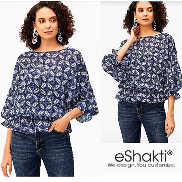 NWOT eShakti blue and white print sheer top - Picture 1 of 15